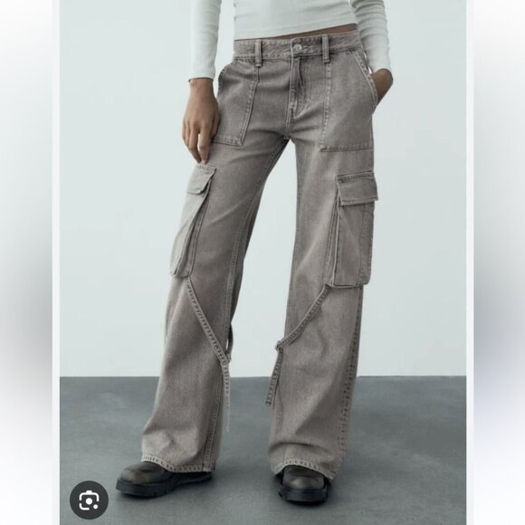 Zara Mid Rise Gray Cargo Jeans Pants with Pockets - Picture 1 of 14